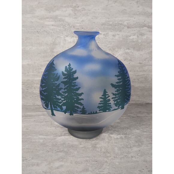 Blue Glass Vase, Wide Base, Painted Snowy Forrest, Large Bud Vase - Picture 1 of 7